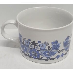 Vintage 1982‎ FTD Blue Folk Art Bird Ceramic Mug Scandinavian Style Soup Cup